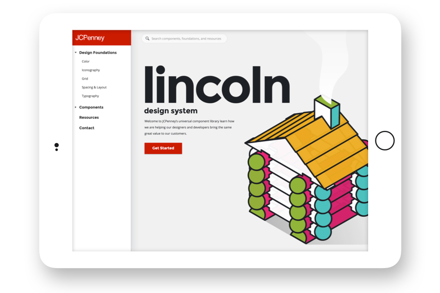 Screenshot of a graphic, multi-colored lincoln log house as apart of a splash page concept for a design system 