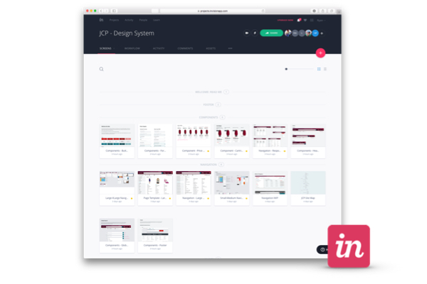 Invision web interface of a design system project