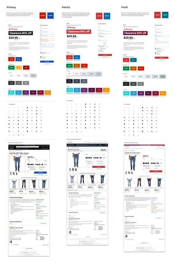 3 design direction samples each including colors, type, basic UI and a page template