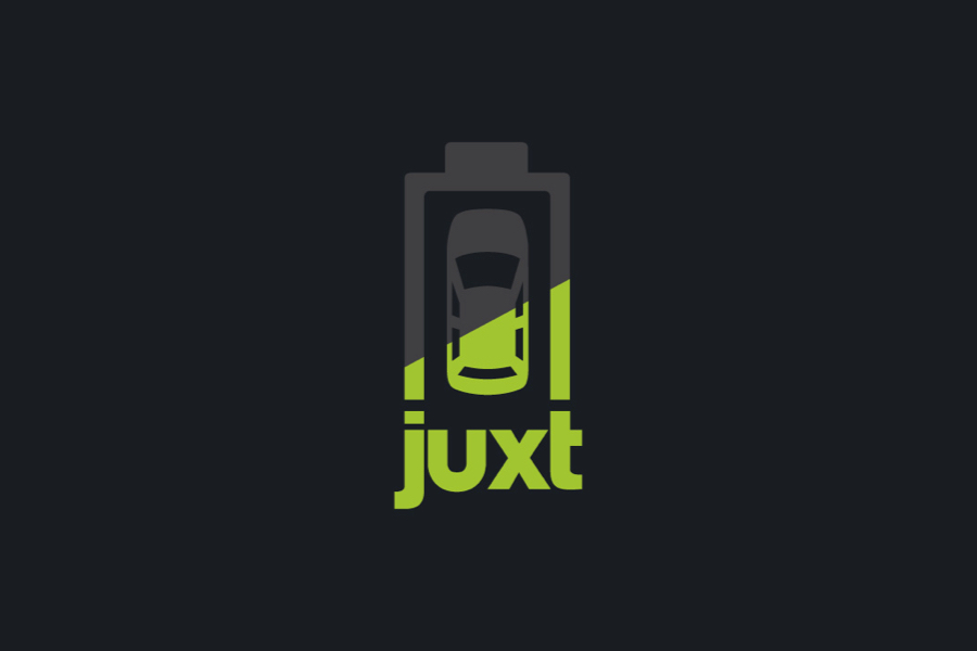 The logo appears on a black background and is a car from a birds eye view fit inside an outline of a battery, creating a forced connection relates to a parking space. The logo is half filled with lime green. The word Juxt sits below the graphic in a mathcing lime green.