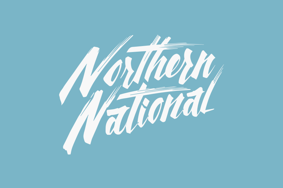 The words northern national appear on top of a light blue background. The logotype appears as a handwritten script and are the color white.