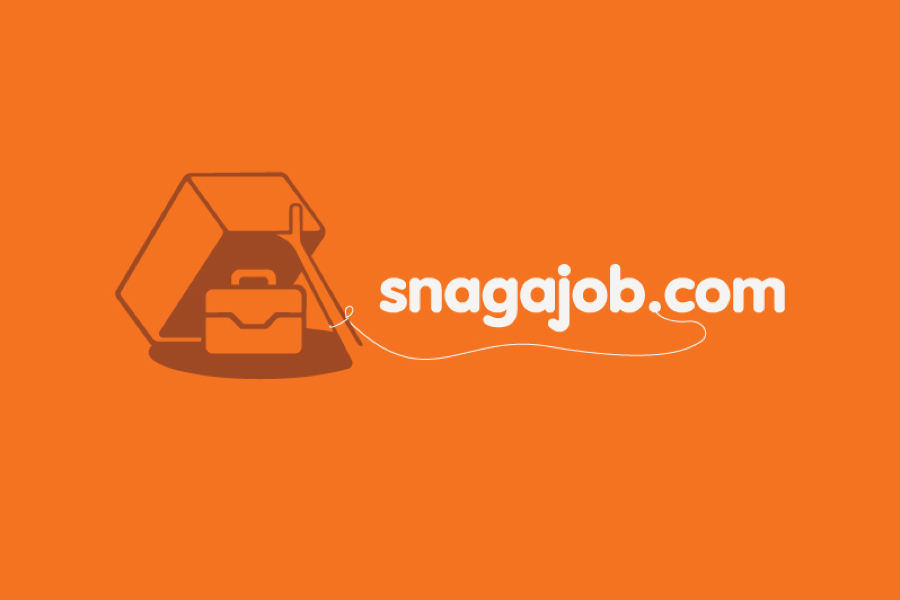 The logo appears on a bright orange background. A graphic image of a suitcase sits under a box held up by a stick similar to a small animal trap. A string extends from the box to connect to the period in white snagajob.com logotype.