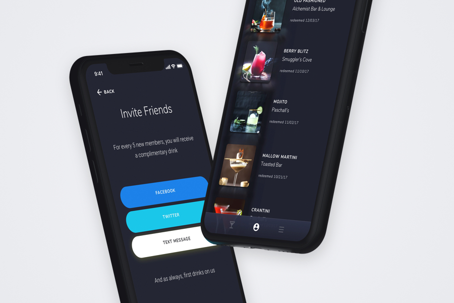 Social media and drink specials screens for Zenbar app